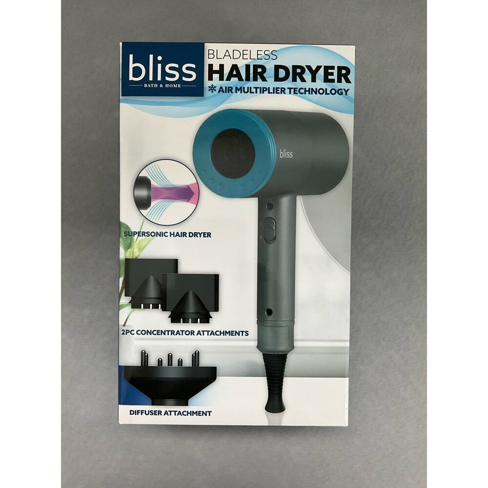 BLISS BLADELESS SUPERSONIC HAIR DRYER w/ATTACHMENTS 3 HEAT 2 SPEED NWT